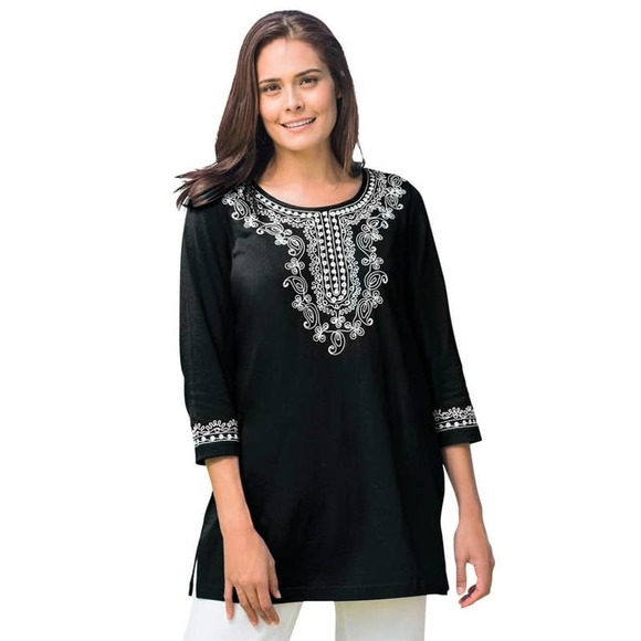 Woman Within Tunic Top Womens Plus Size 3X Black White Embroidered 3/4 Sleeve - Picture 1 of 11